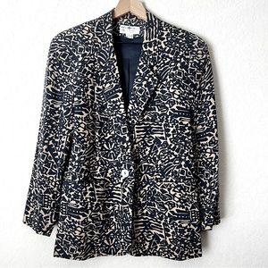 Vintage Saks Fifth Avenue Petites Real Clothes Silk Blazer Navy Tan Abst…